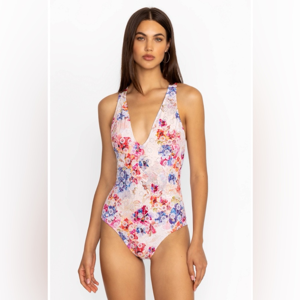 Johnny Was floral SUMMER DAYS EYELET CROSSBACK ONE PIECE swimsuit size L NEW